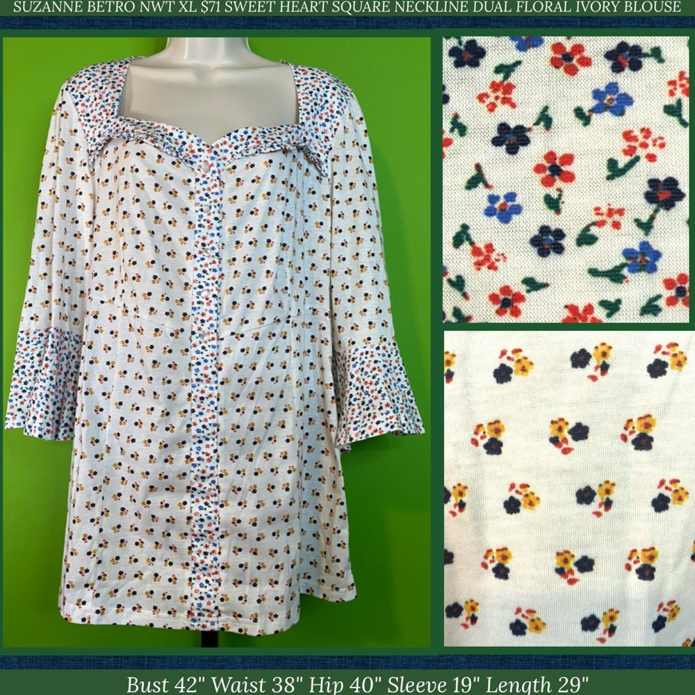 SUZANNE BETRO NWT XL $71 SWEETHEART SQUARE NECKLINE DUAL FLORAL IVORY BLOUSE